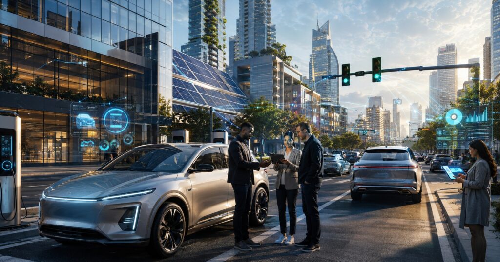 Top ten electric cars 2026 in US with futuristic EV technology and smart city background