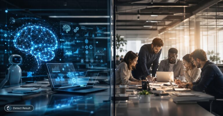 AI vs human comparison showing artificial intelligence and human intelligence in a modern business technology workspace