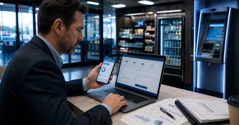 Professional consumer reviewing an ATM fee settlement claim form on a laptop and smartphone inside a modern convenience-store-style banking workspace.