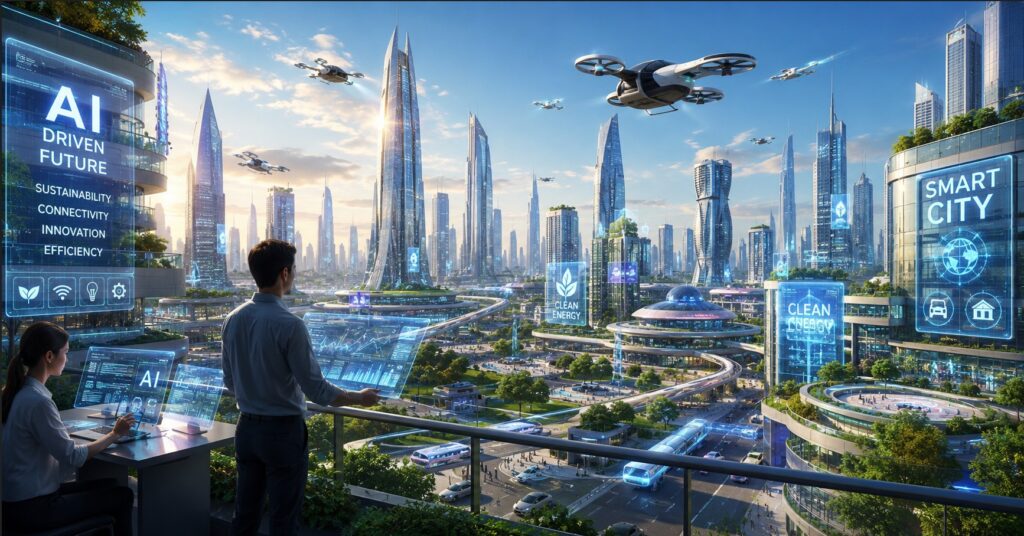 Modern futuristic office using AI tools for productivity and digital business growth in 2026