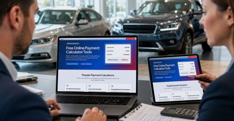 Car payment calculator dashboard with US auto loan payment estimate and car buying finance details