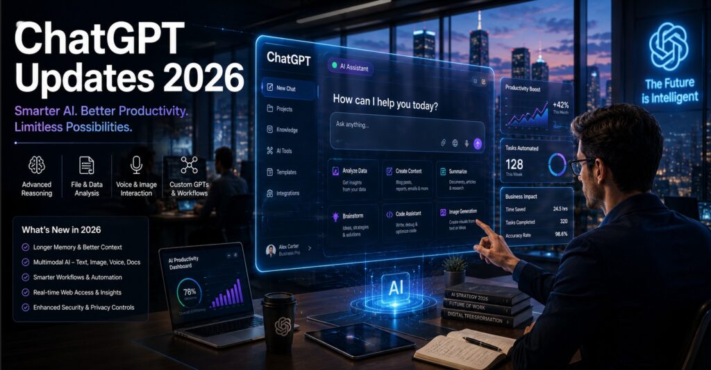 Futuristic AI workspace showing ChatGPT productivity tools and digital business technology in 2026