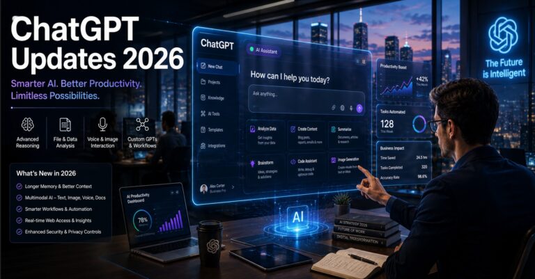 Futuristic AI workspace showing ChatGPT productivity tools and digital business technology in 2026