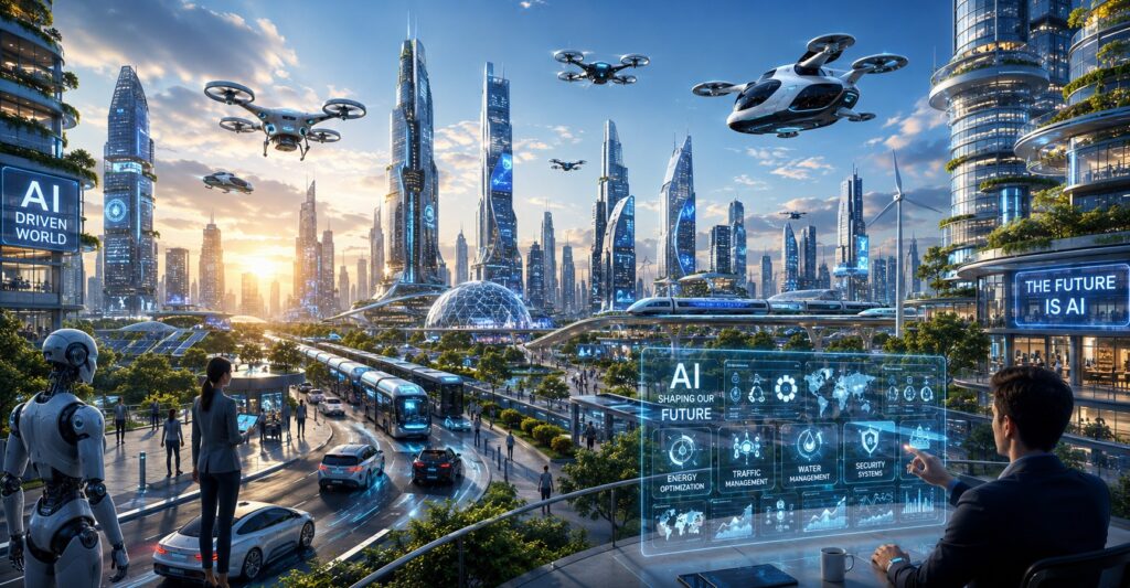 Futuristic AI smart city with autonomous transportation, AI robots, holographic technology, and digital business innovation in 2026
