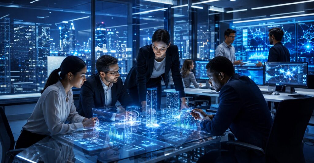 Latest business trends 2026 with AI systems, startup teams, digital dashboards, and modern US technology office