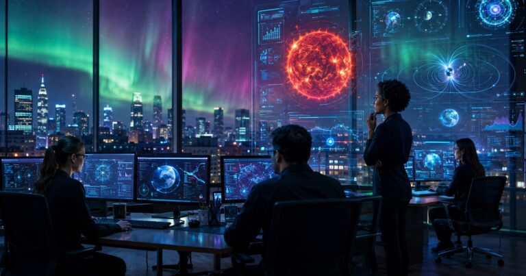 Solar flare northern lights above a modern US smart city with space weather monitoring technology