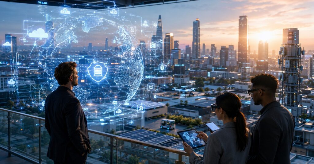 Tech Global trends 2026 with AI systems, startup teams, SaaS dashboards, cloud computing, and cybersecurity visuals in a modern US office