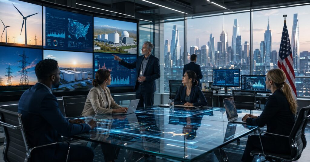 United States energy innovation office with AI smart grid displays, clean energy systems, and modern American technology workers