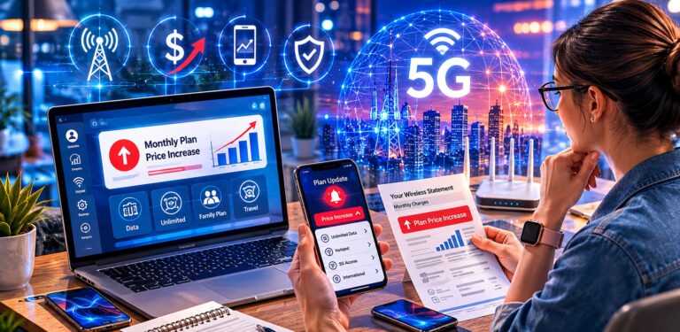 Consumer reviewing a Verizon plan price increase notice on smartphone, laptop, and monthly wireless bill with 5G network visuals.